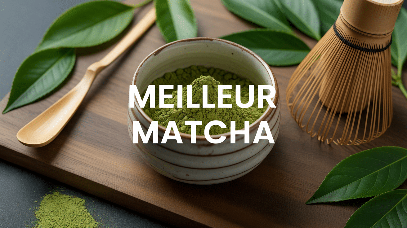 Poudre de matcha, cuillère et fouet