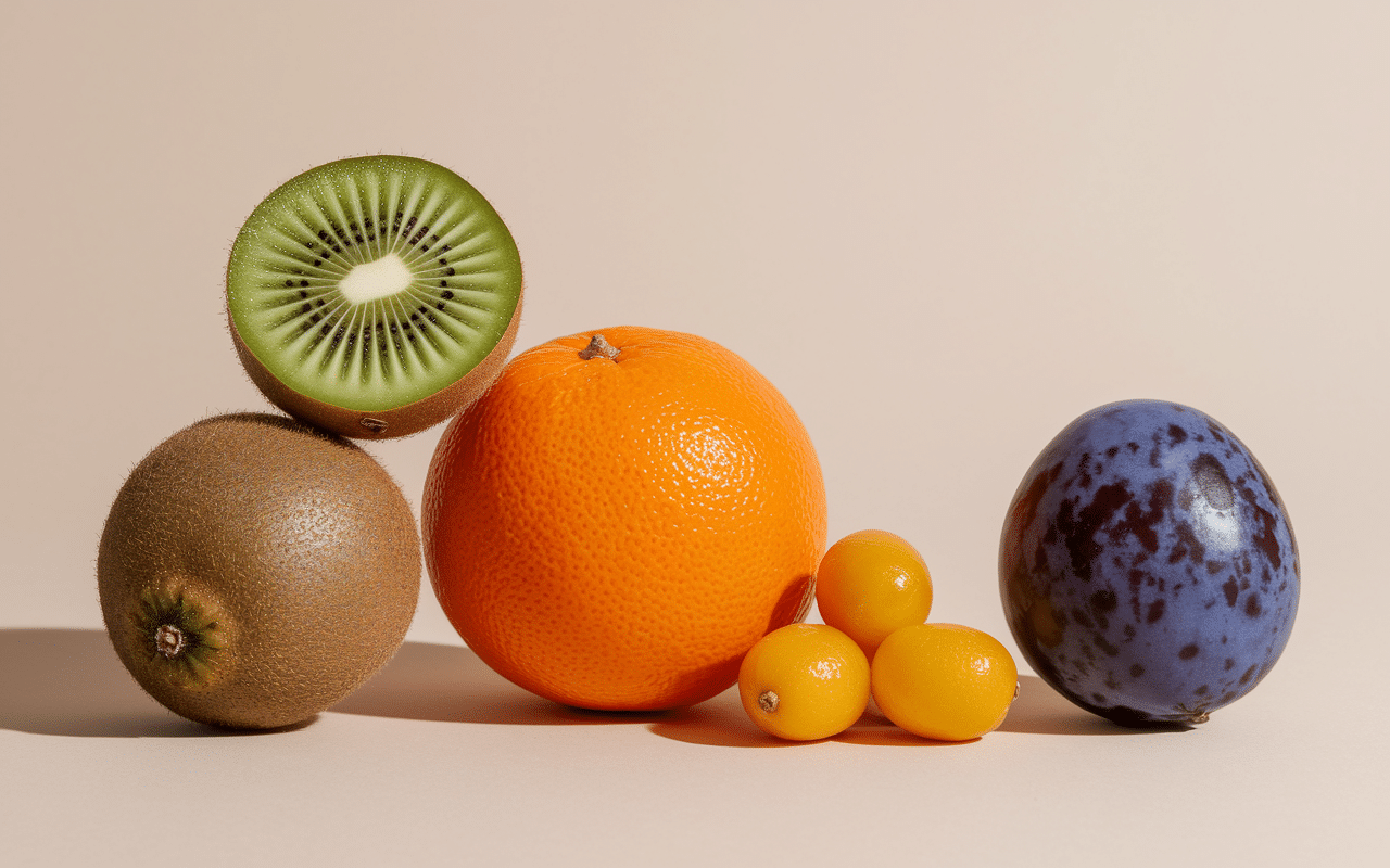 Quatre fruits en K connus : kiwi, kaki, kumquat, prune australienne