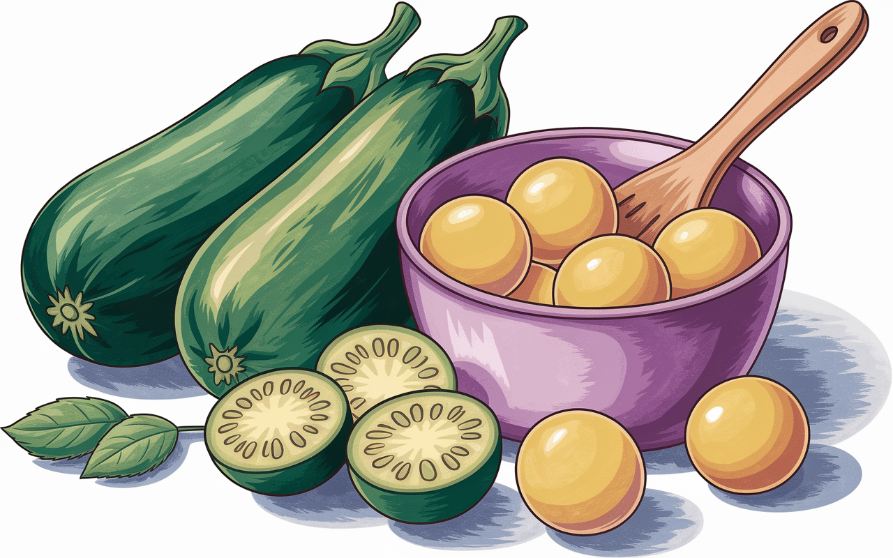 Ingrédients courgettes aux œufs brouillés sur plan de travail