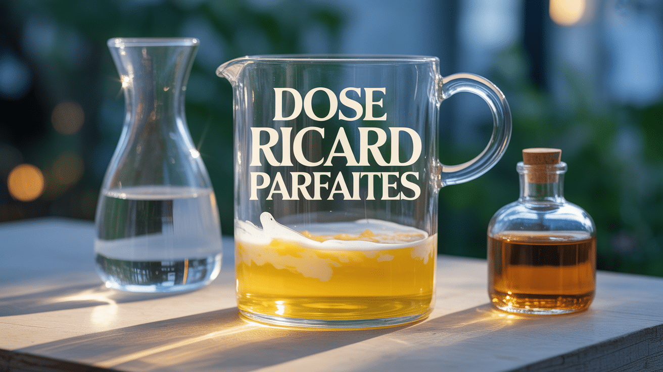 Dose Ricard parfaite dans verre avec carafe et bouteille