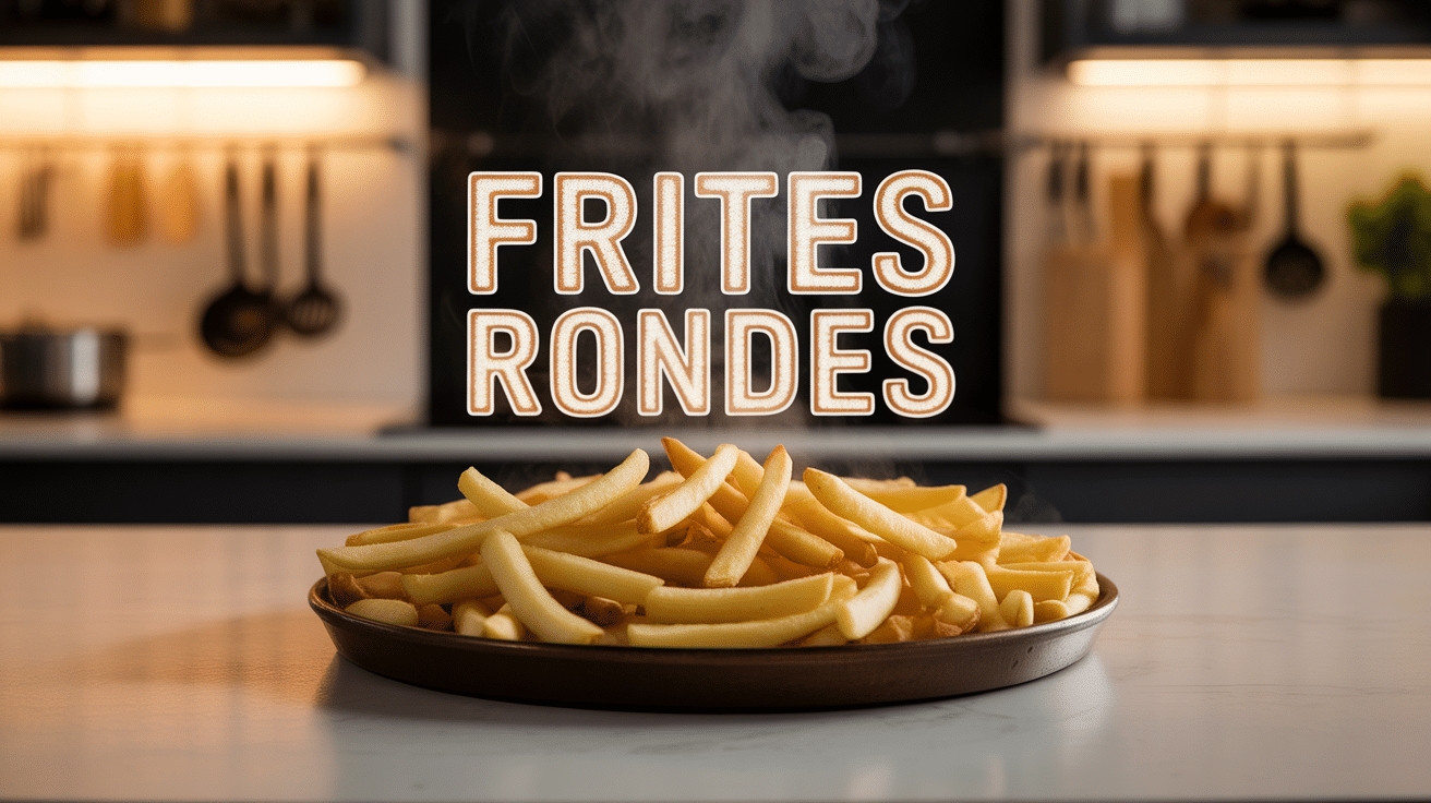 Assiette de frite ronde dorée, vapeur et ustensiles