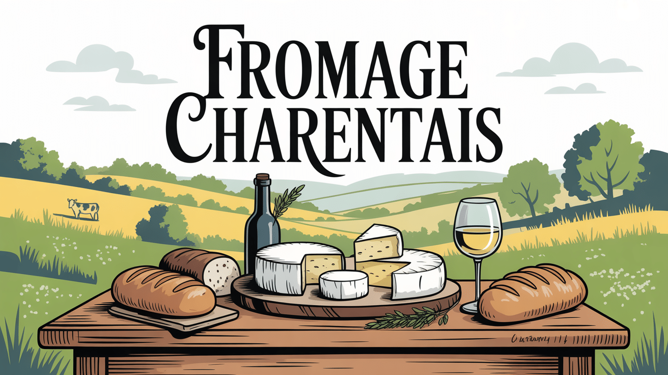 Table rustique avec fromages charentais, pain, vin, paysage rural