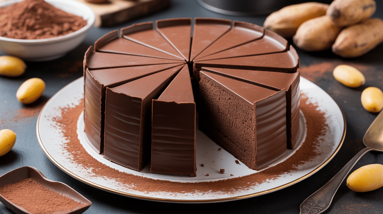 Gateau chocolat pois chiche coupé avec pois chiches décor