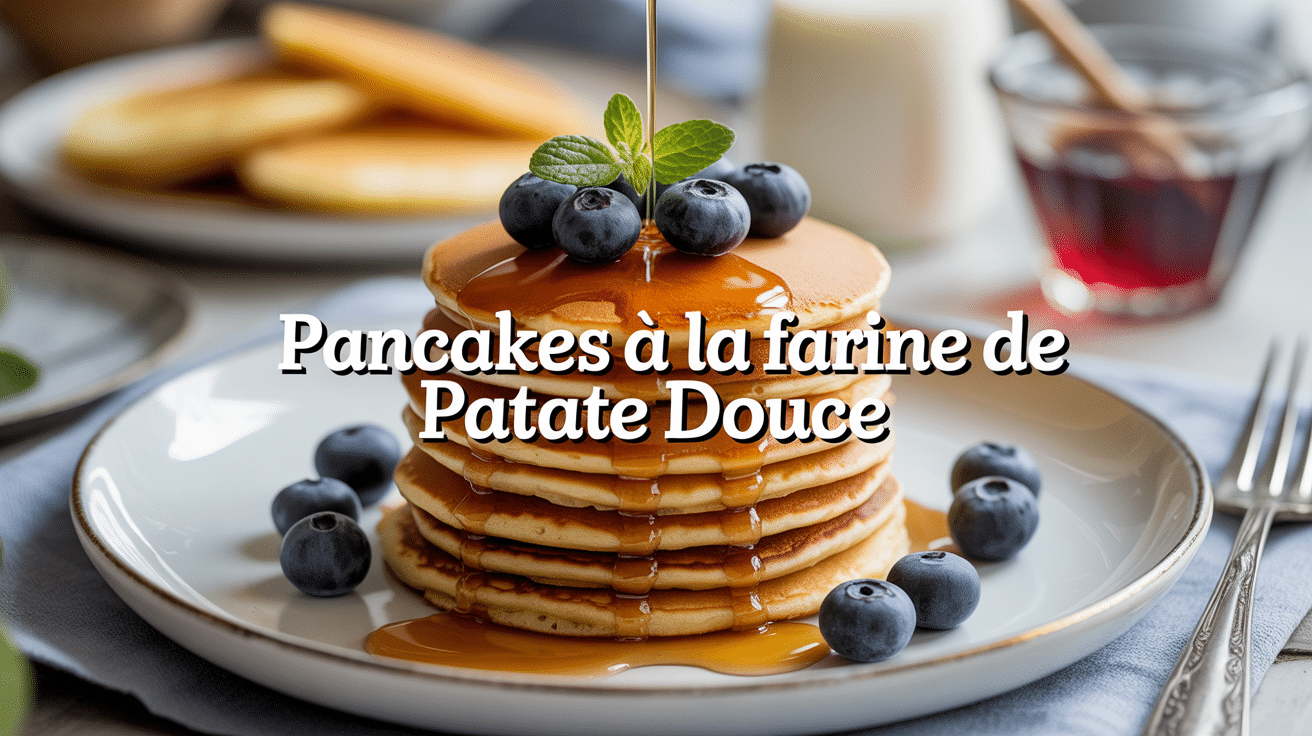 Stack pancake farine patate douce myrtilles sirop assiette
