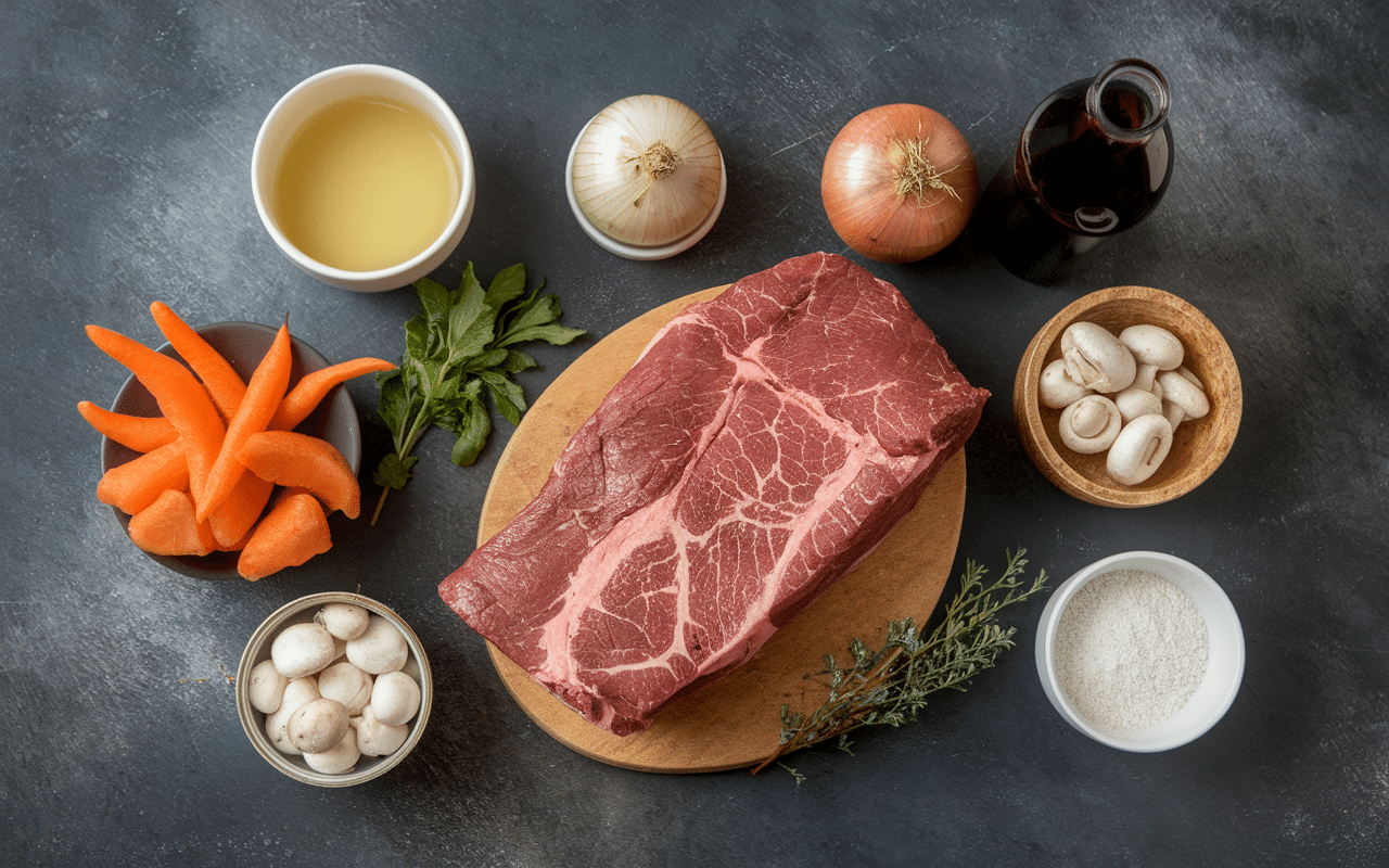 Ingrédients boeuf bourguignon cookeo disposés