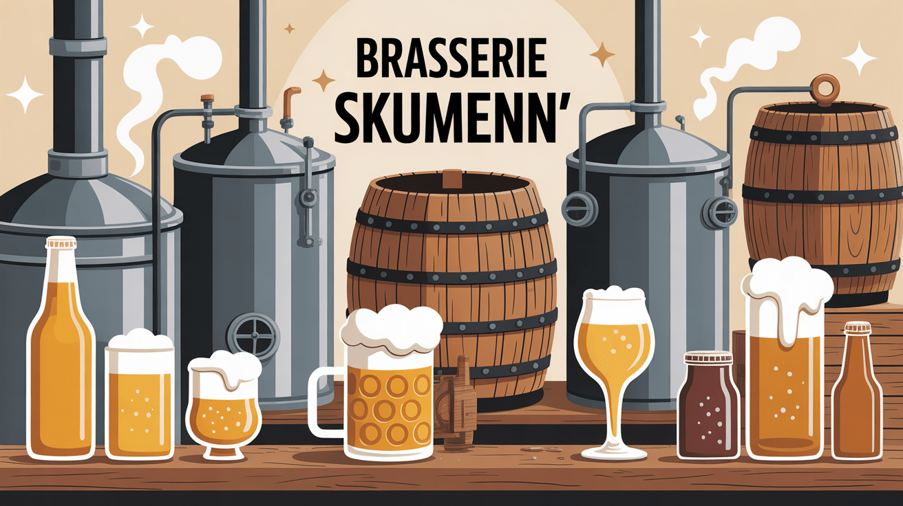 Brasserie Skumenn avec cuves acier et bouteilles bière ambrée