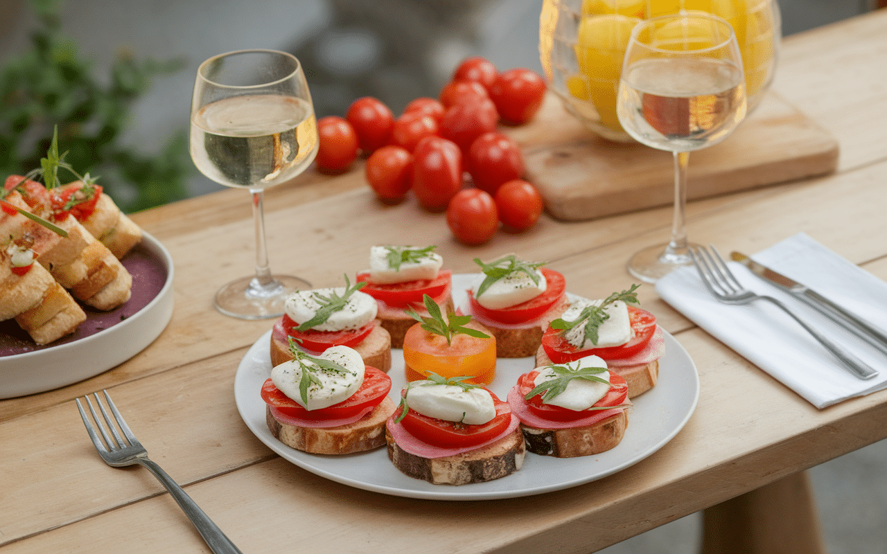 Plateau brochettes tomate mozzarella apéritif sur table