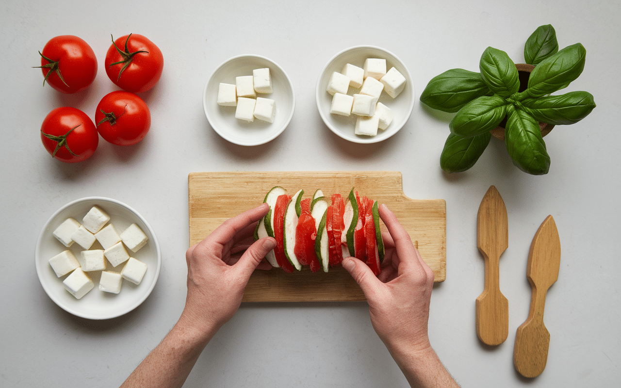 Préparation brochettes tomate mozzarella mains basilic