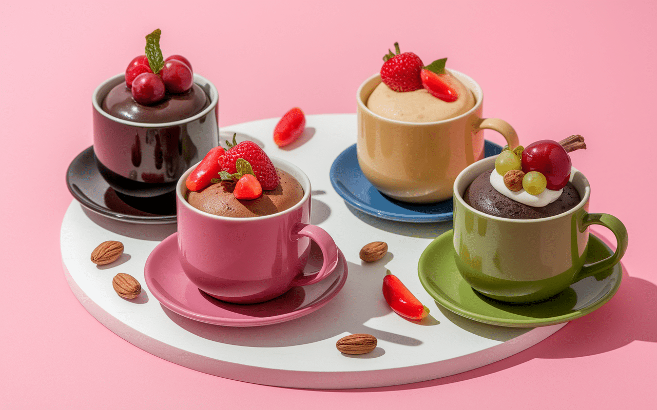 Mug cakes healthy variés et colorés disposés sur plateau