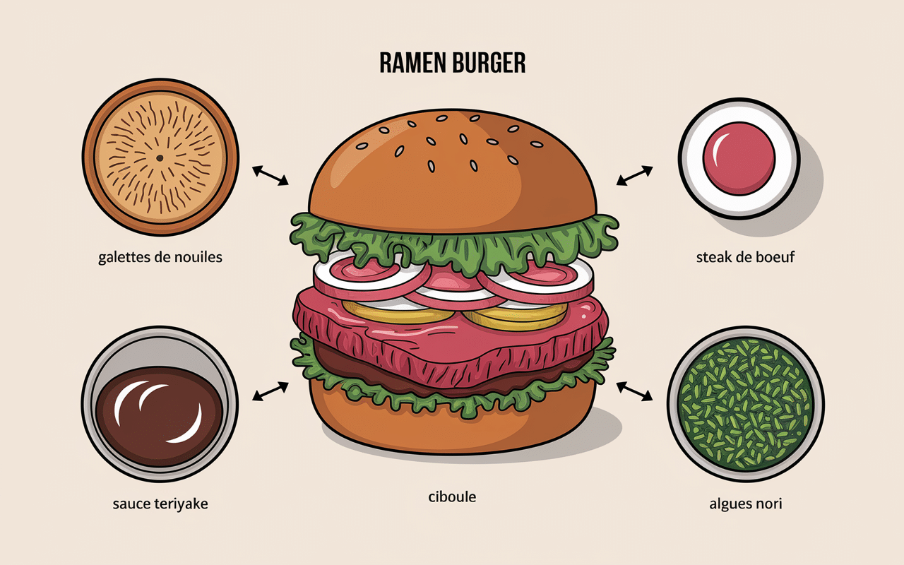 Ingredients ramen burger diagramme nouilles steak sauce