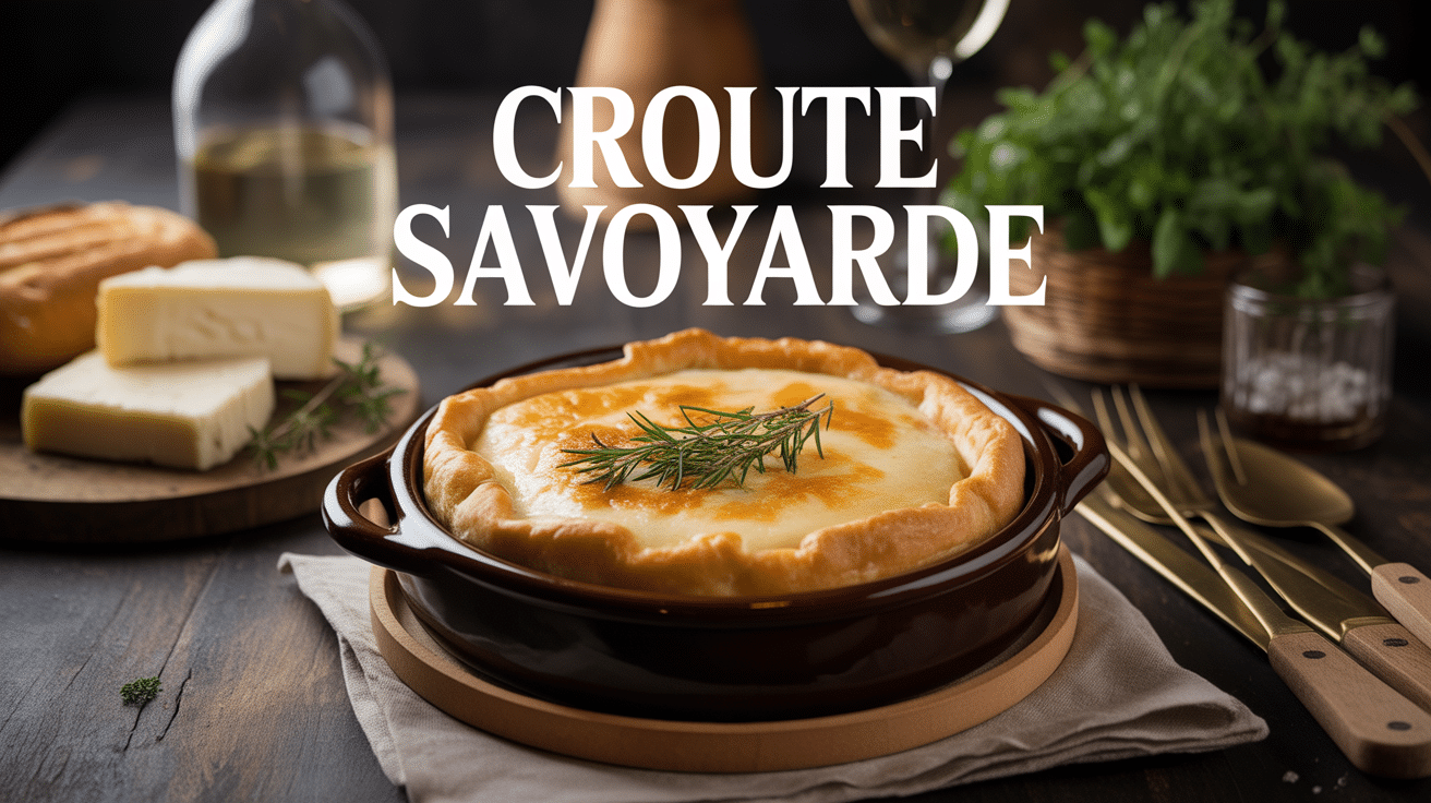 croute savoyarde au fromage fondu et vin blanc dans ambiance alpine