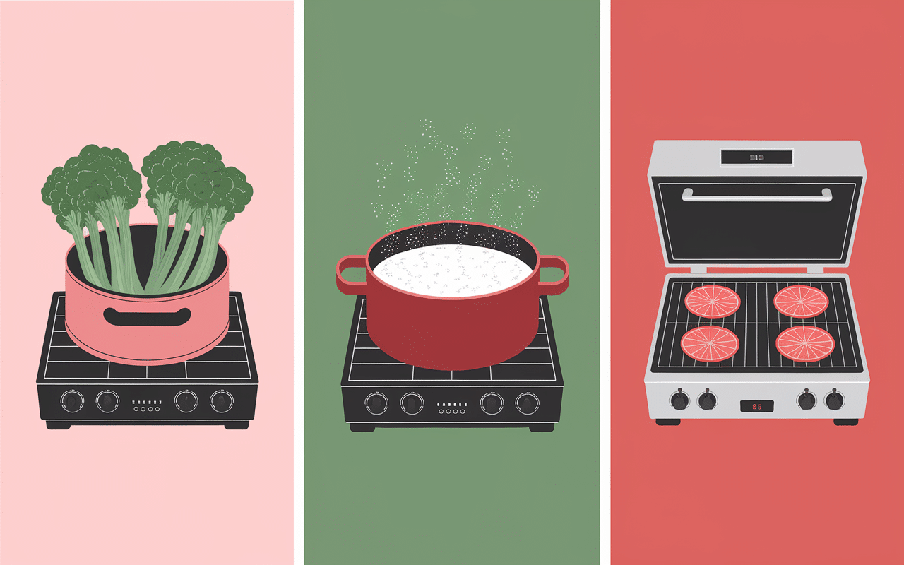 Cuire brocolis à la vapeur, eau, four