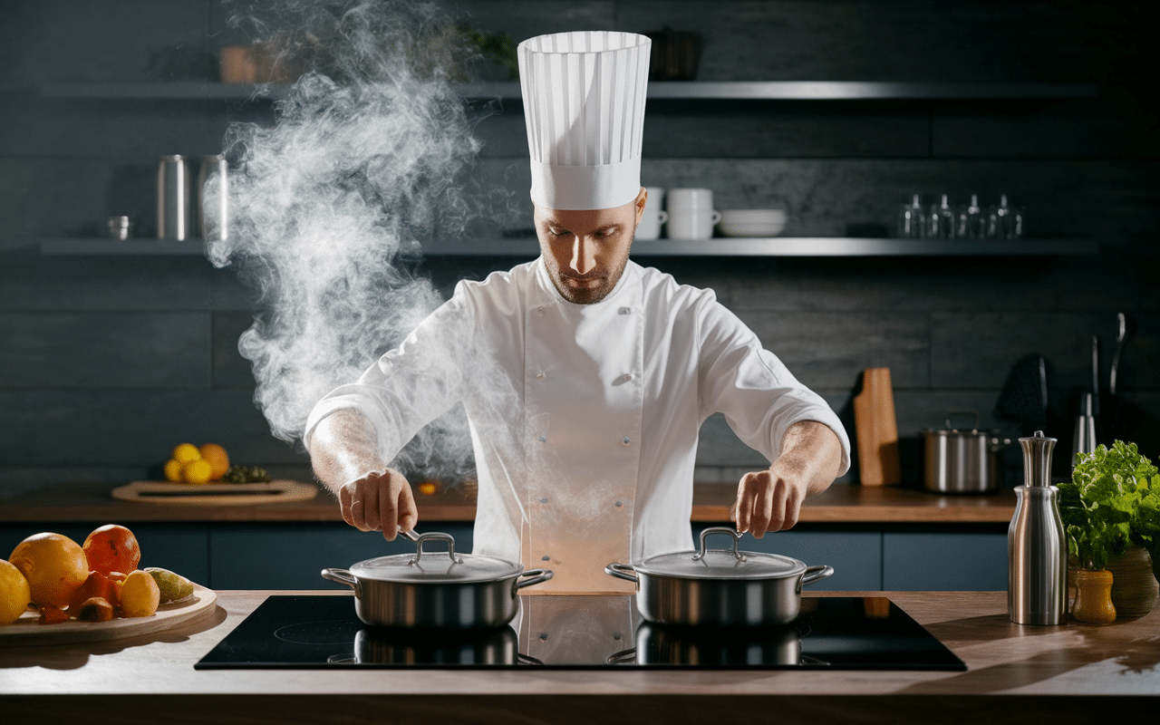 chef avec casseroles cuisinox sur four