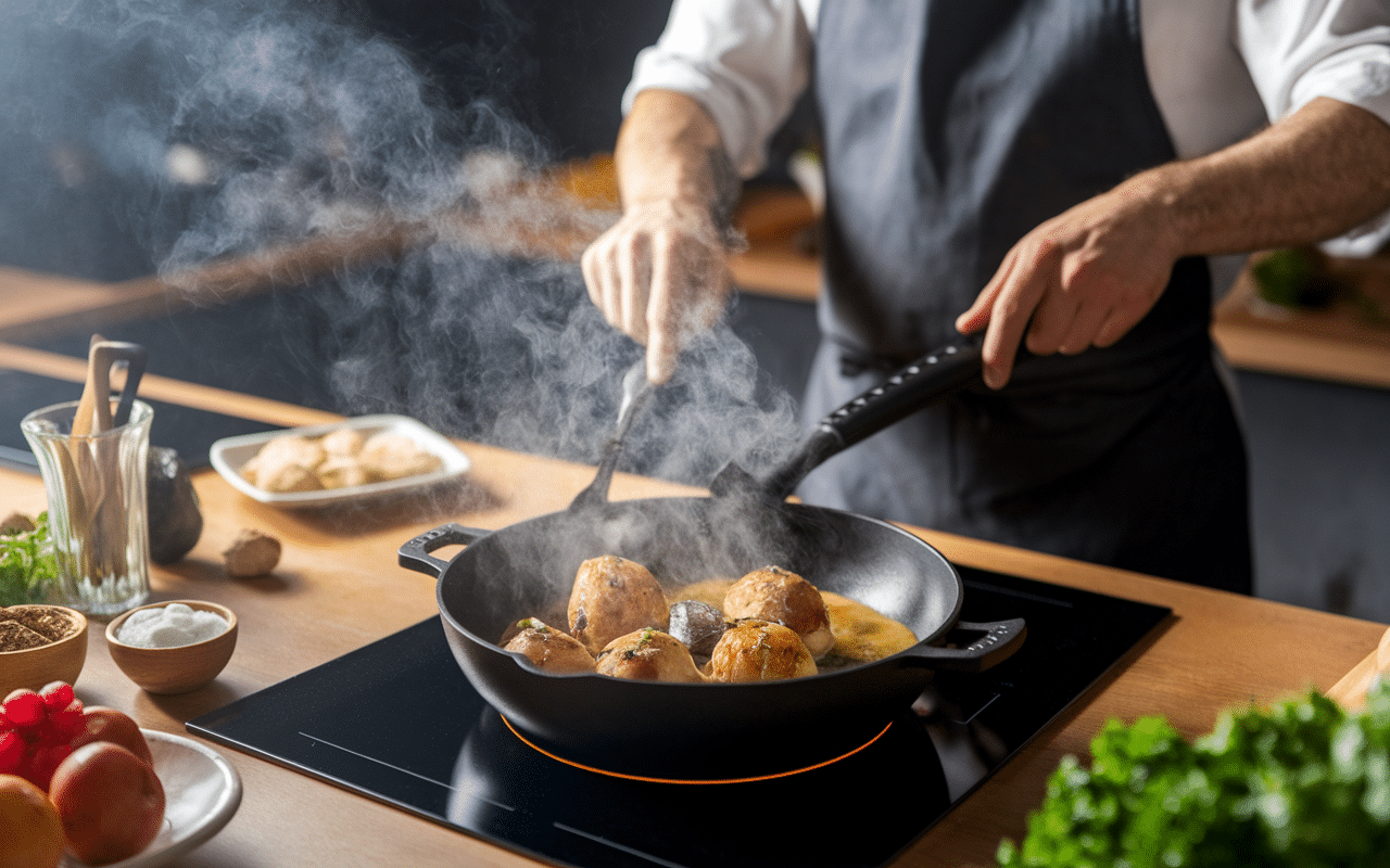 foie de volaille dans poêle ambiance cuisine