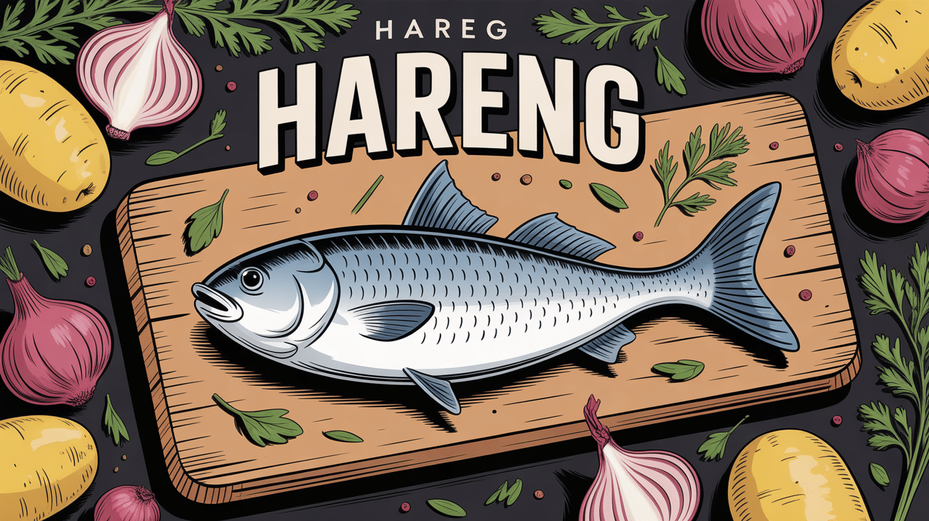 Hareng matjes sur planche avec oignons et pommes de terre