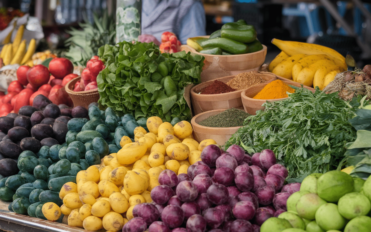 Ingrédients plats martiniquais marché tropical