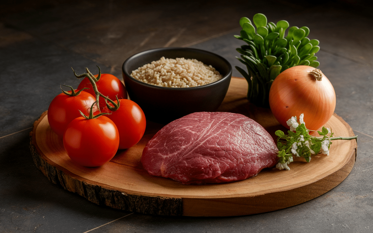 Ingrédients tomates farcies recette de grand-mère avec riz sur plan de travail