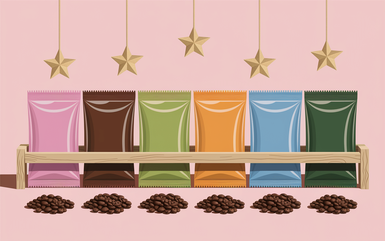 Sachets meilleur café en grain alignés