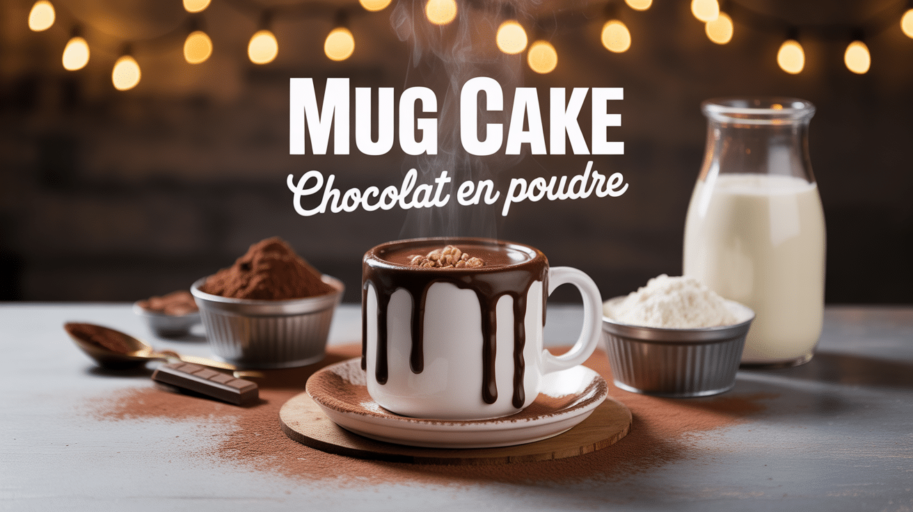 Mug cake chocolat en poudre moelleux dans une tasse blanche sur bois