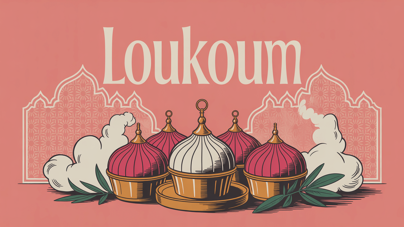 origine loukoum illustrée sur plateau doré oriental