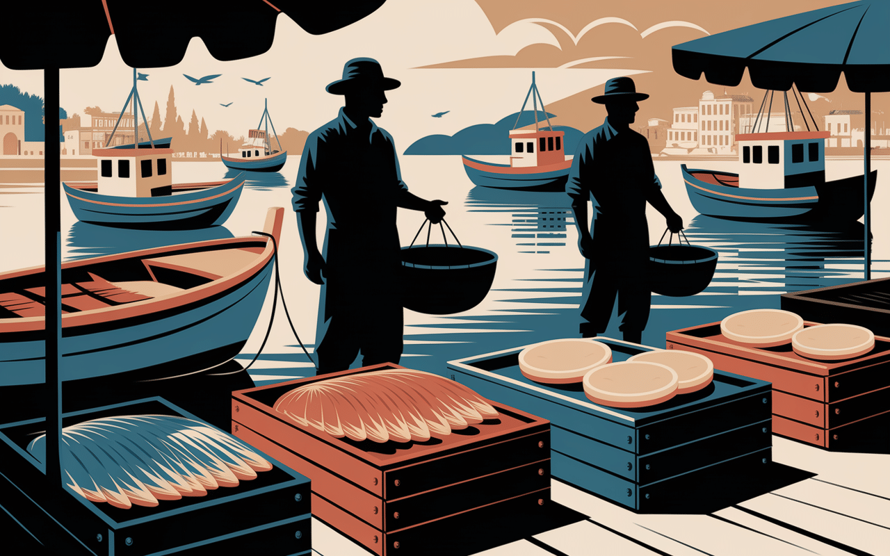 pain bagnat nice scène port pêcheur vintage