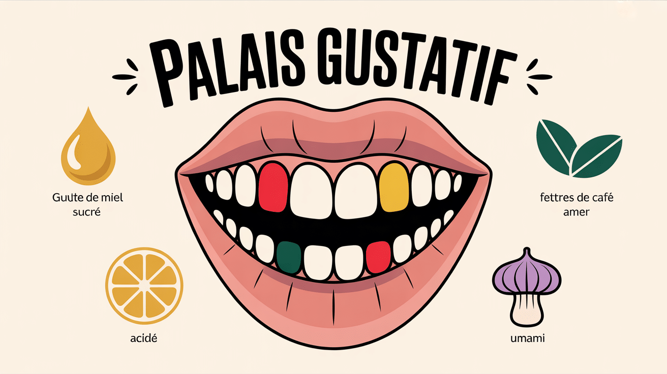 Illustration palais gustatif avec papilles et cinq saveurs
