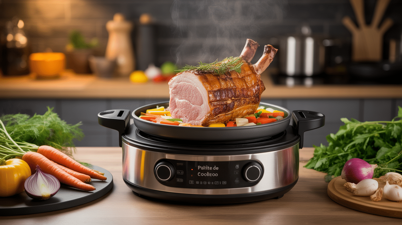palette de porc cookeo dorée et fondante entourée de légumes