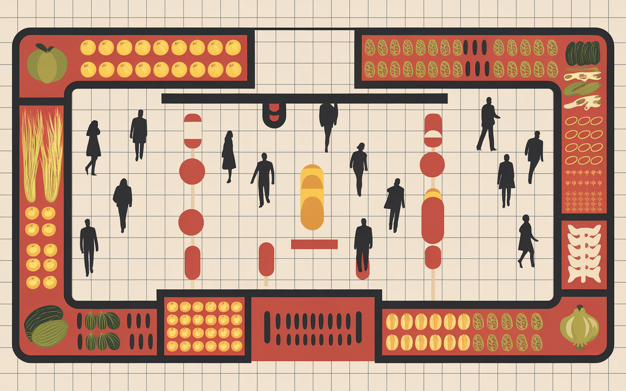 Parcours client rayon des supermarchés schématique