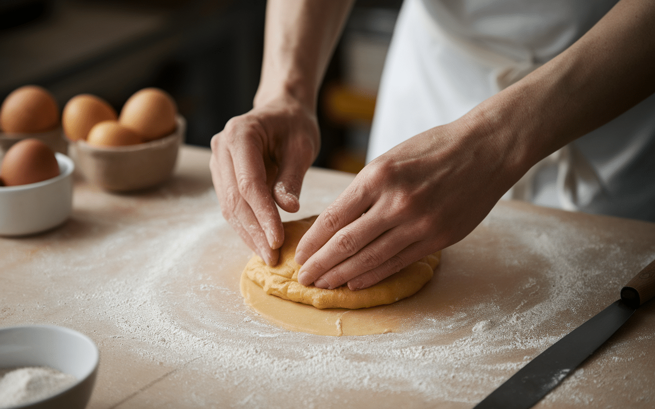 petrissage pates aux oeufs farine oeufs