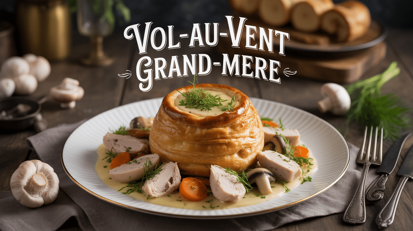 Recette vol-au-vent grand-mère avec pâte feuilletée dorée, poulet, champignons et sauce crémeuse