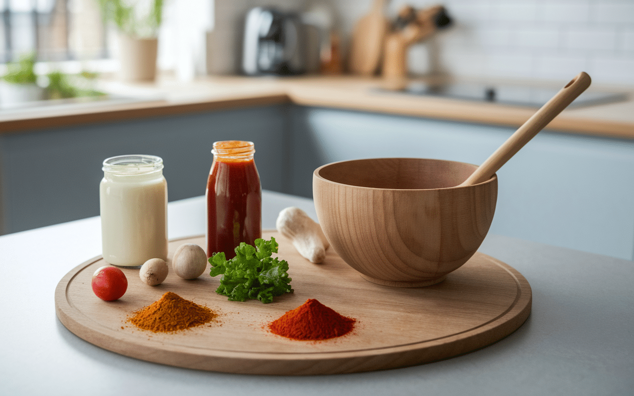 Préparation sauce big tasty maison sur plan de travail