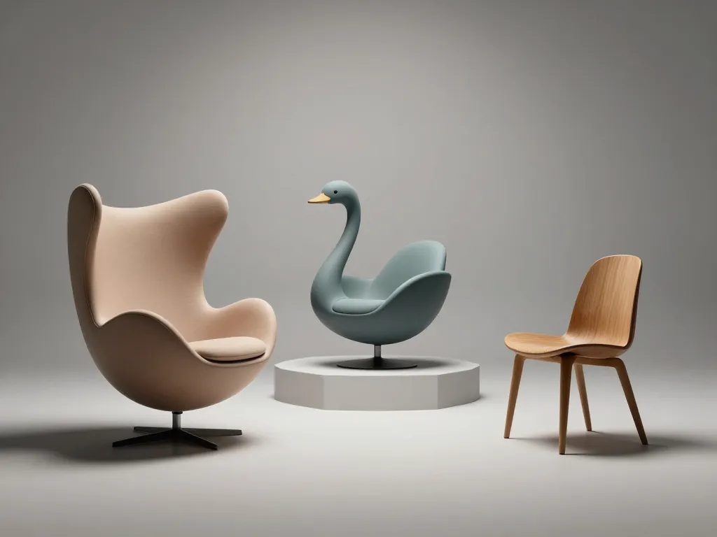 Arne Jacobsen trois chaises iconiques sur socles