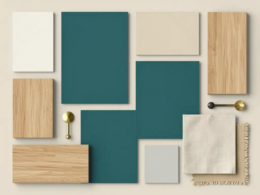 bleu canard peinture moodboard bois laiton lin