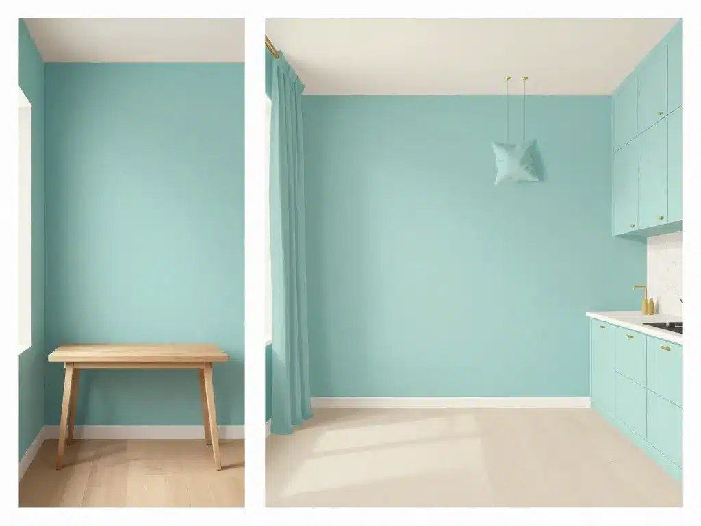 Illustration bleu celadon mur accent vs piece entiere, textiles et facades cuisine