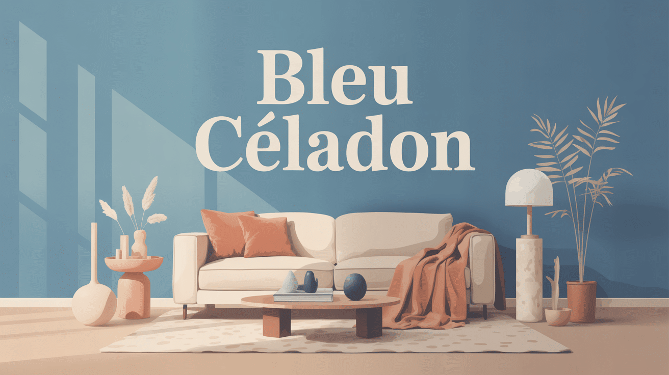 Illustration bleu celadon deco interieur, mur celadon, canape beige, touches terracotta