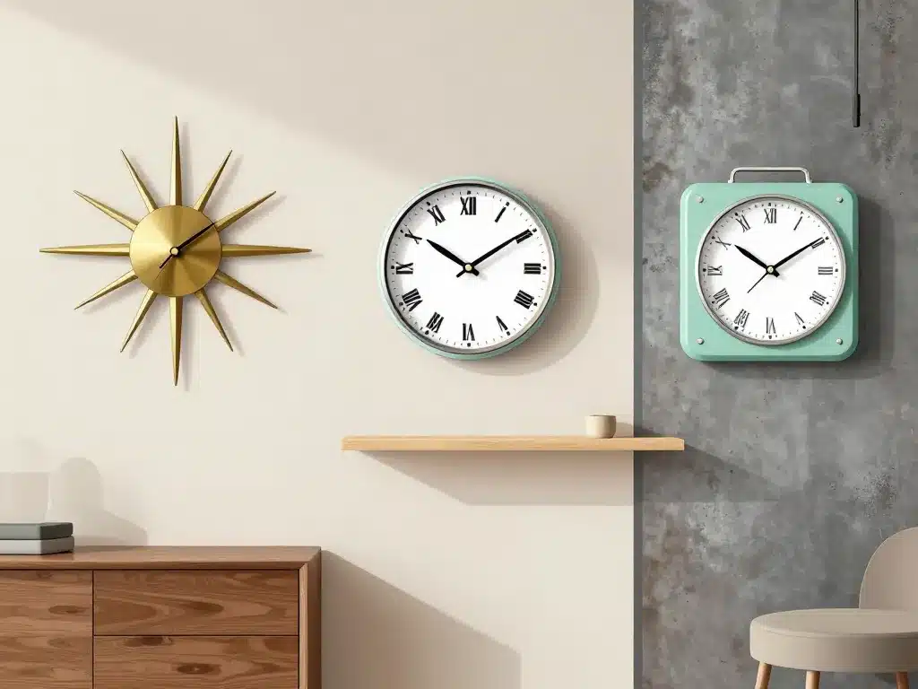 horloge vintage année 50 starburst, school clock et pastel sur mur