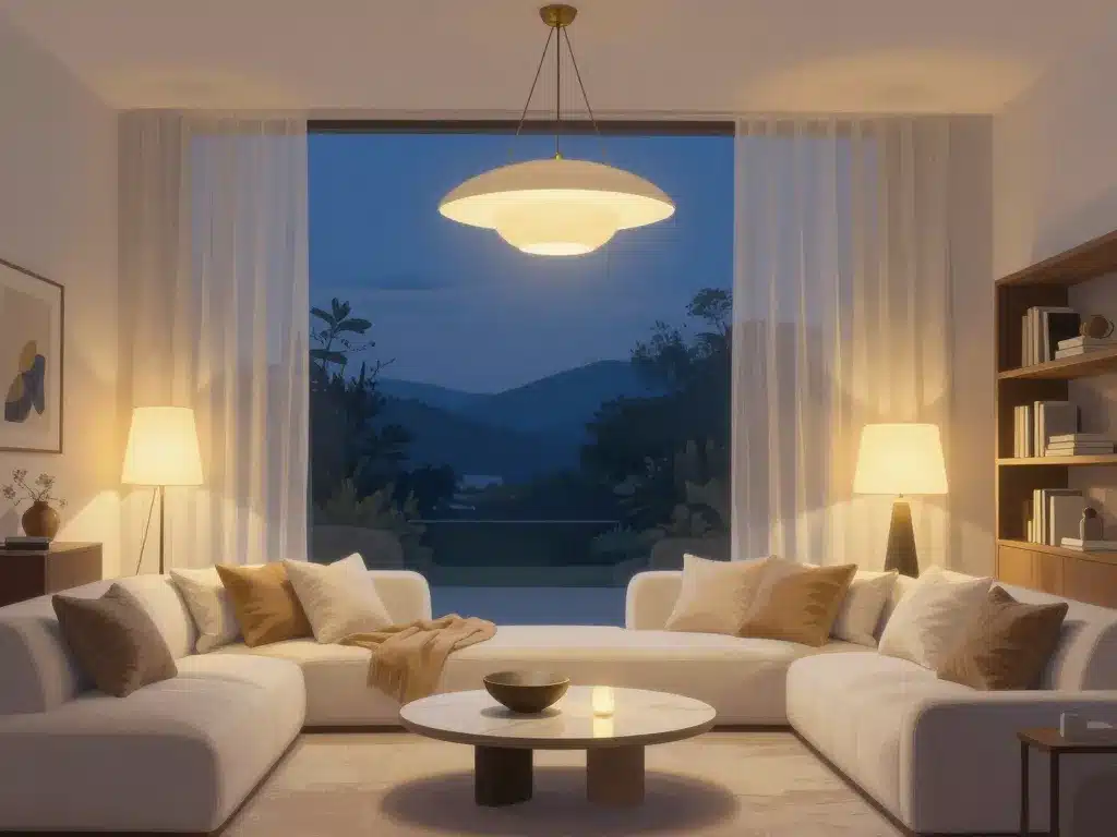 déco salon chic et classe avec éclairage multiple et rideaux en lin