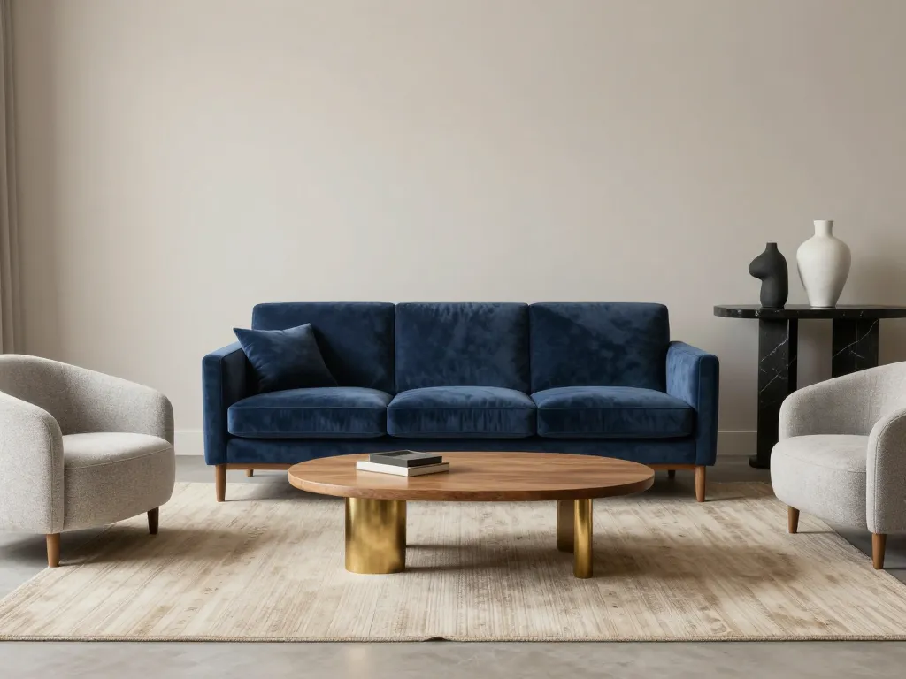 déco salon chic et classe avec velours, bois, laiton, tapis en laine