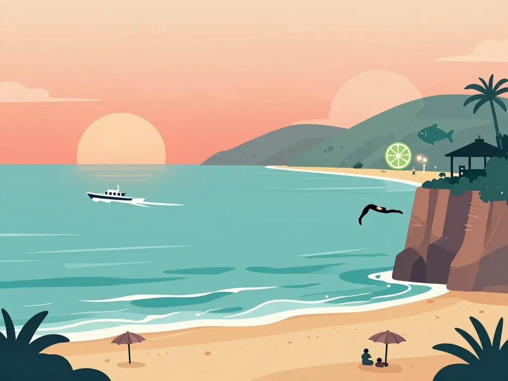 Scène acapoolco plages, bateau, plongeurs, gastronomie et nightlife