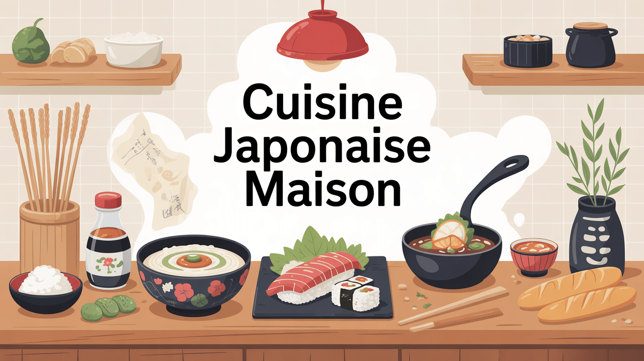 Plan de travail japonais maison avec riz miso teriyaki et makis