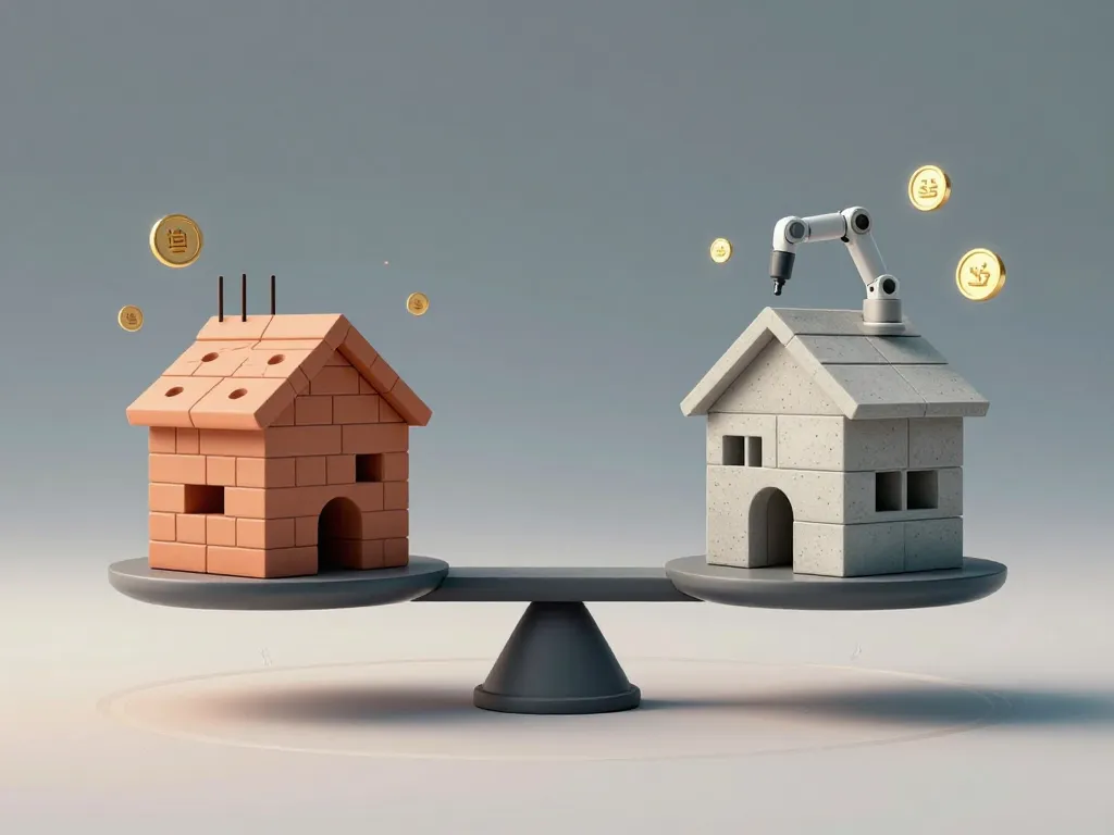 Métaphore balance coûts maison imprimée en 3d et classique