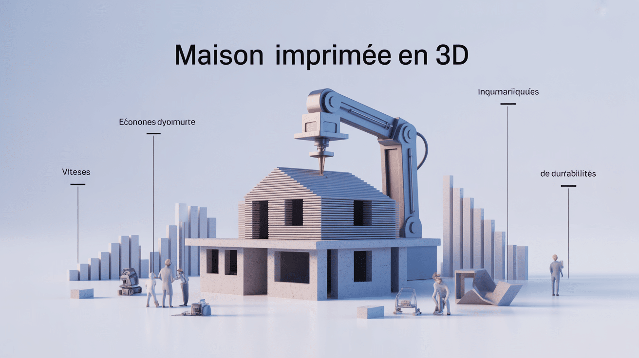 Illustration isométrique maison imprimée en 3d avec robot béton