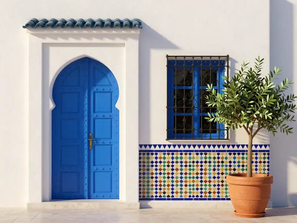Détail de façade de maison tunisienne avec zelliges et ferronnerie