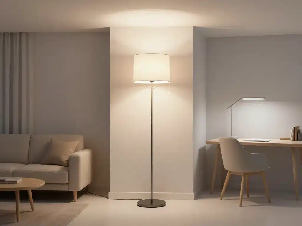 Scène produit pied halogene salon bureau placement sûr