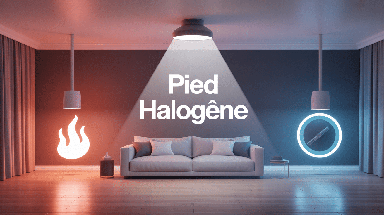 Illustration pied halogene comparatif chaleur LED dans salon