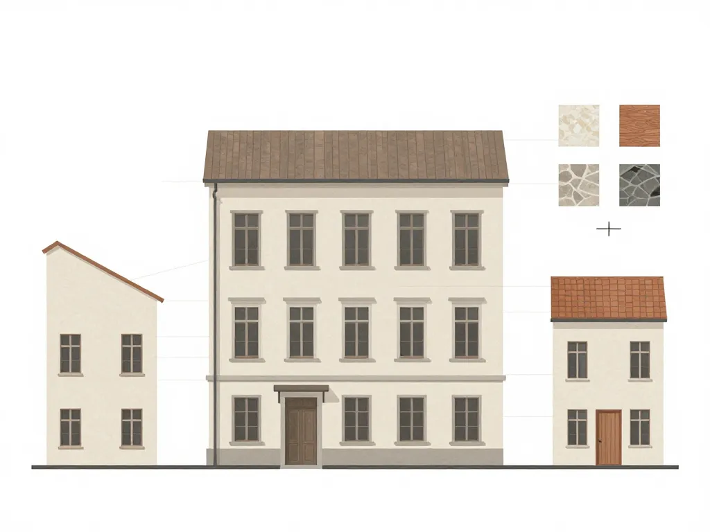 schema conceptuel de plan de facade equilibre et materiaux