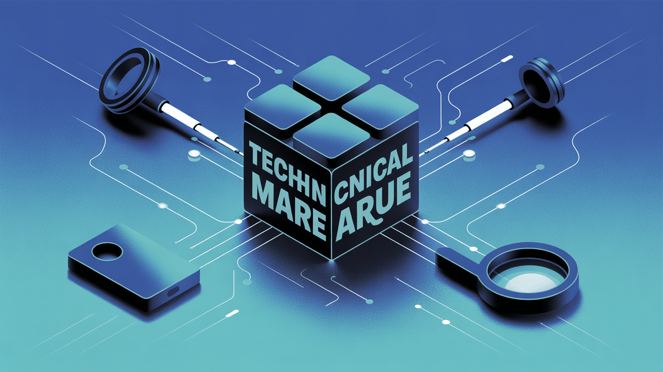 Illustration technical marque : cube technologique, bouclier juridique, loupe SEO