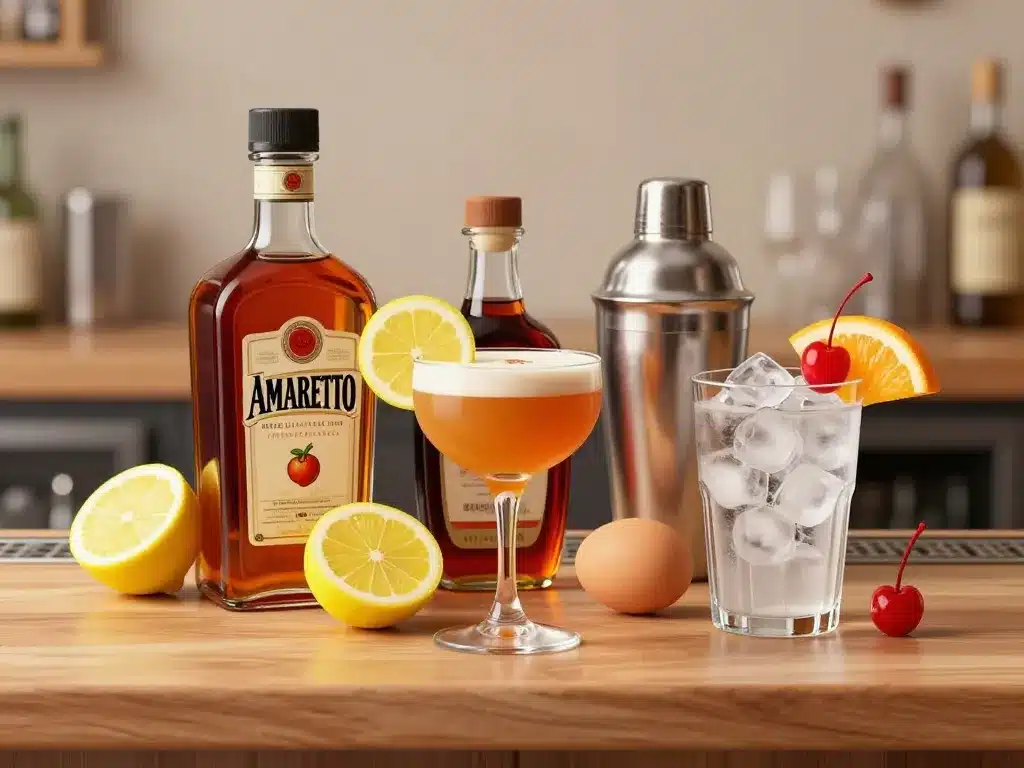 ingrédients amaretto sour sur comptoir bar, cocktail classique