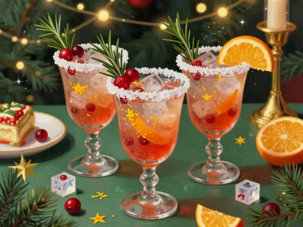 cocktail de noel verres décorés et garnitures festives