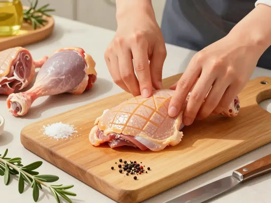 préparation cuisse de canard au four sur planche avec herbes